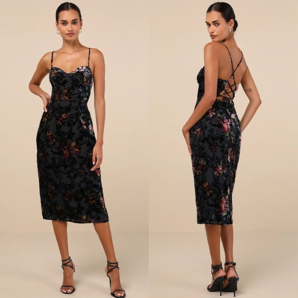 Lulu's Moody Allure Black Floral Velvet Burnout Lace-Up Midi Dress XS Party NWOT